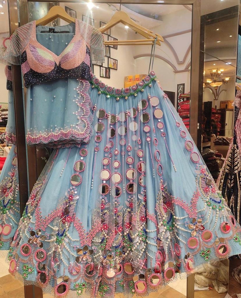 Mint Blue Mirror Work Lehenga Set | Pearl Sequin Embroidered Wedding Lehenga — photo 10