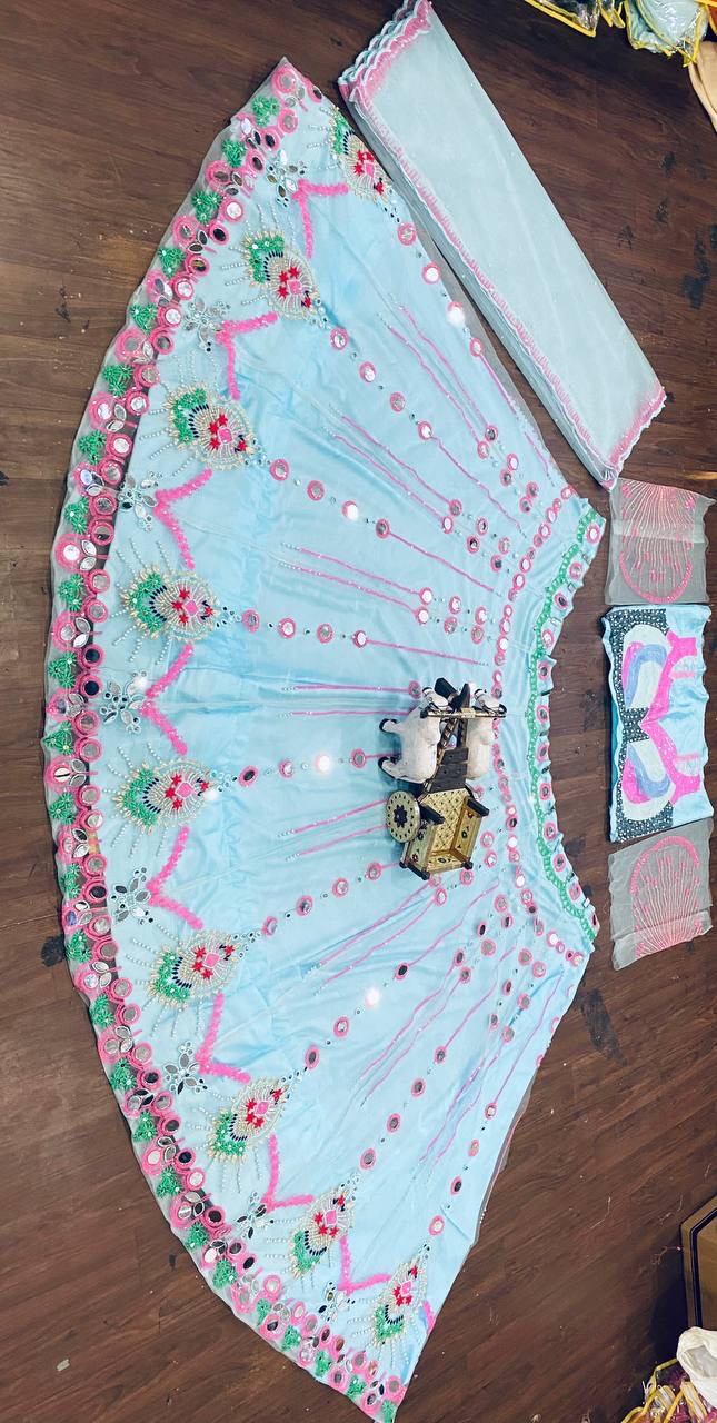 Mint Blue Mirror Work Lehenga Set | Pearl Sequin Embroidered Wedding Lehenga — photo 11