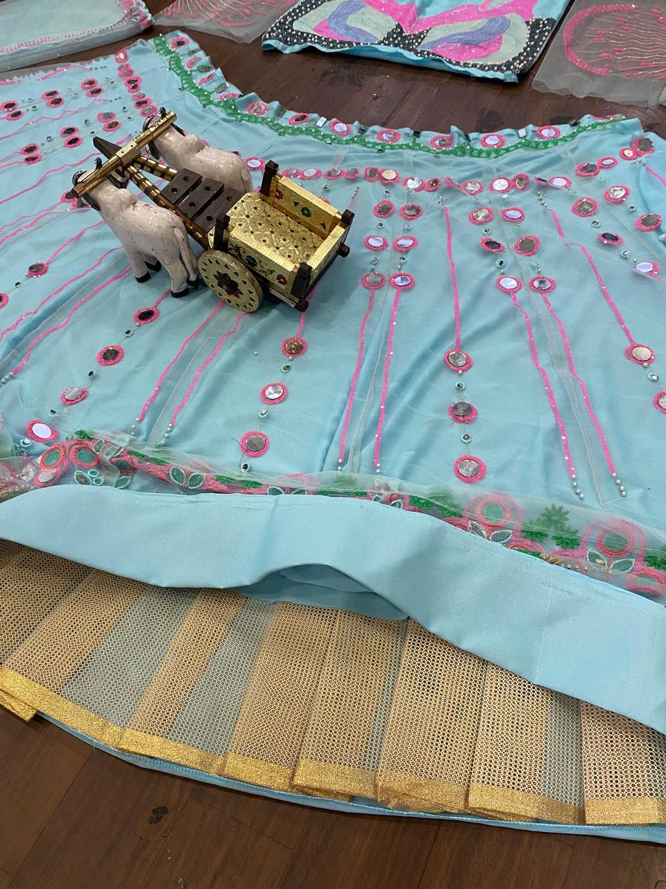 Mint Blue Mirror Work Lehenga Set | Pearl Sequin Embroidered Wedding Lehenga — photo 12