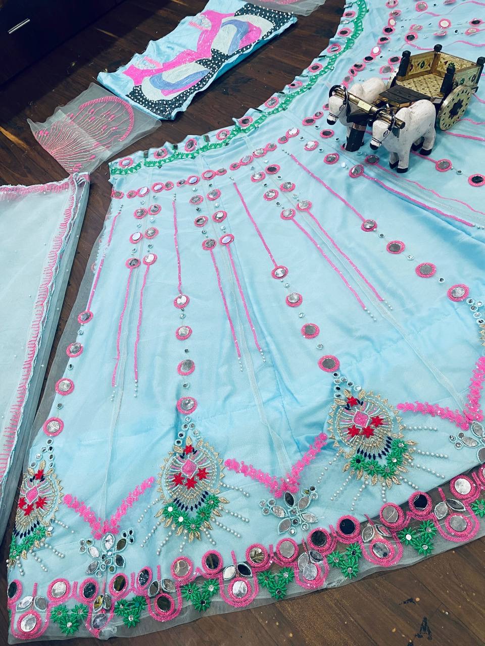 Mint Blue Mirror Work Lehenga Set | Pearl Sequin Embroidered Wedding Lehenga — photo 13