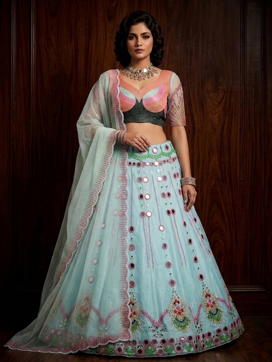 Mint Blue Mirror Work Lehenga Set | Pearl Sequin Embroidered Wedding Lehenga