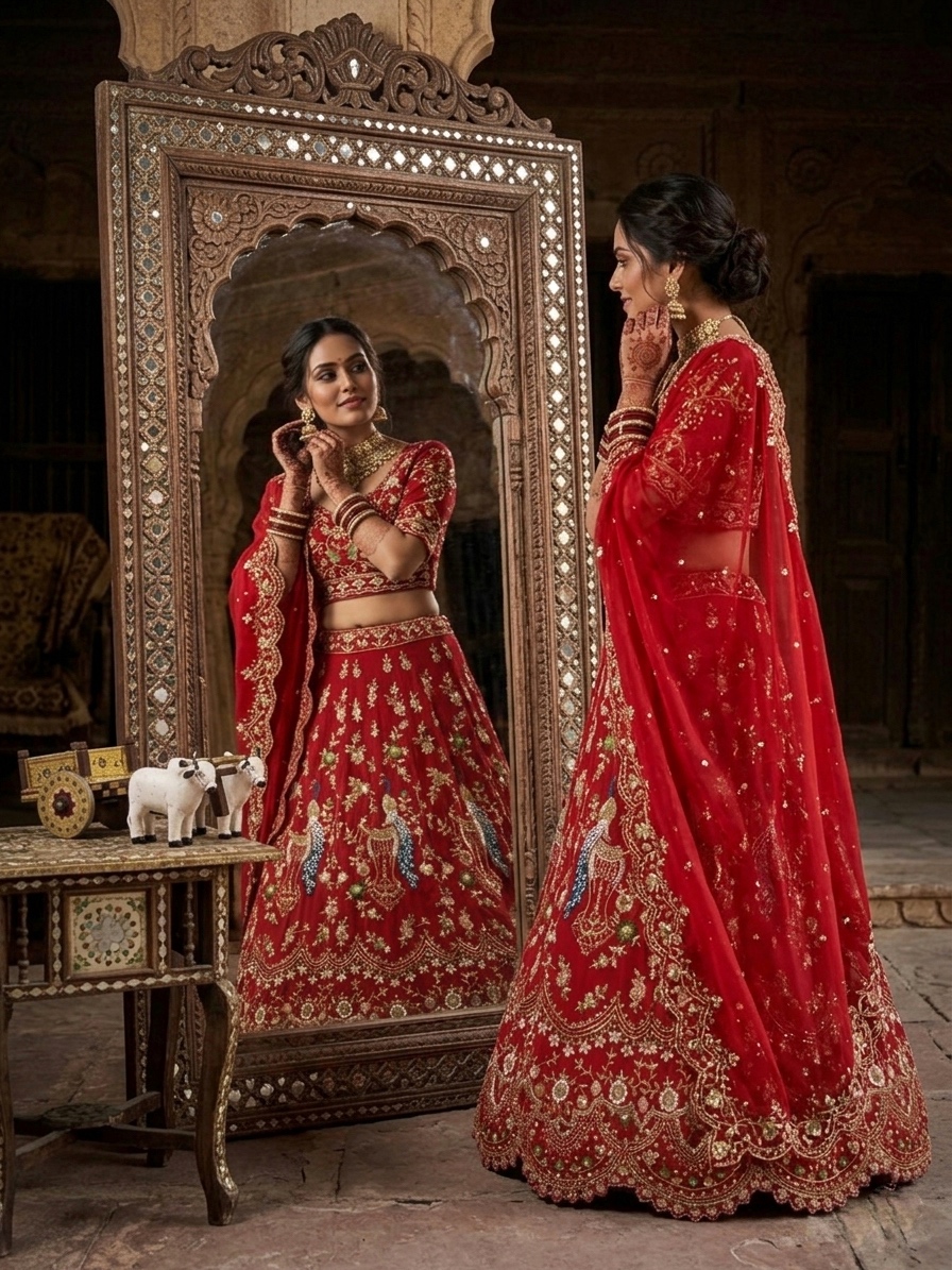 Red Sequin Embroidered Lehenga Set | Peacock Work Wedding Lehenga — photo 2
