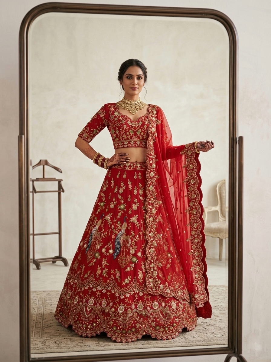 Red Sequin Embroidered Lehenga Set | Peacock Work Wedding Lehenga — photo 3