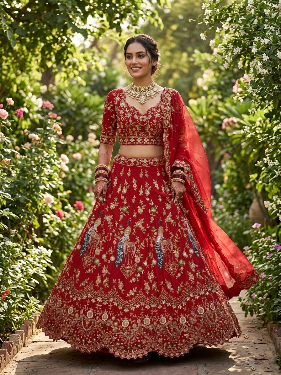 Red Sequin Embroidered Lehenga Set | Peacock Work Wedding Lehenga — photo 4