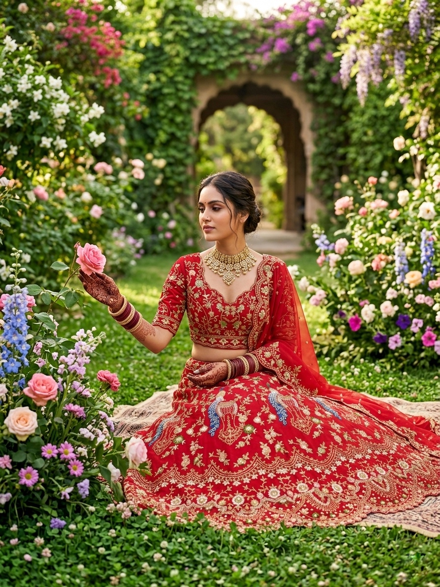 Red Sequin Embroidered Lehenga Set | Peacock Work Wedding Lehenga — photo 5