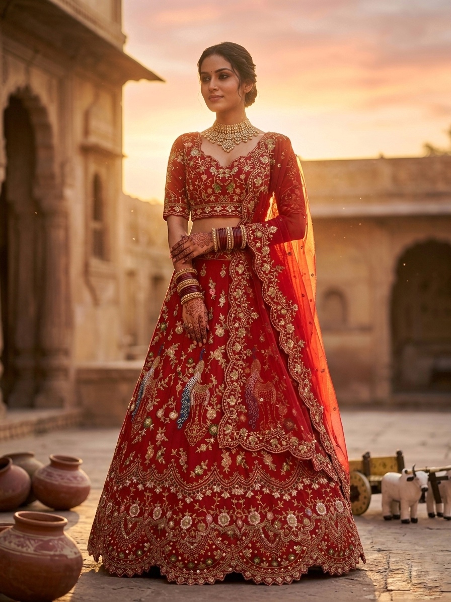 Red Sequin Embroidered Lehenga Set | Peacock Work Wedding Lehenga — photo 6