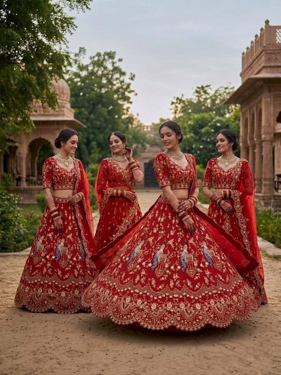 Red Sequin Embroidered Lehenga Set | Peacock Work Wedding Lehenga — photo 7