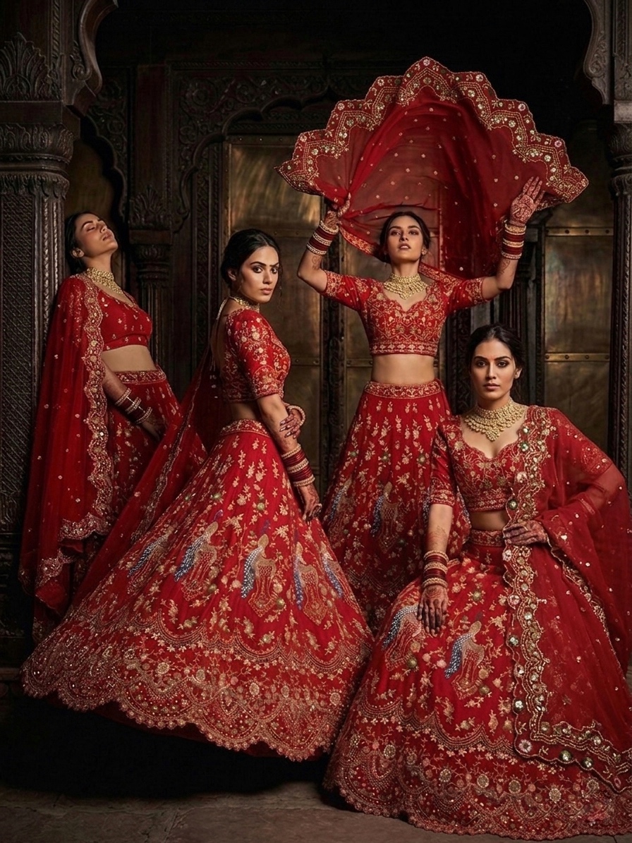 Red Sequin Embroidered Lehenga Set | Peacock Work Wedding Lehenga — photo 8