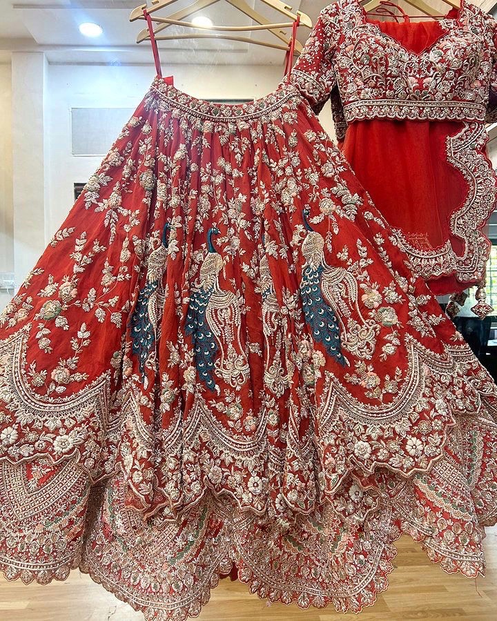 Red Sequin Embroidered Lehenga Set | Peacock Work Wedding Lehenga — photo 9