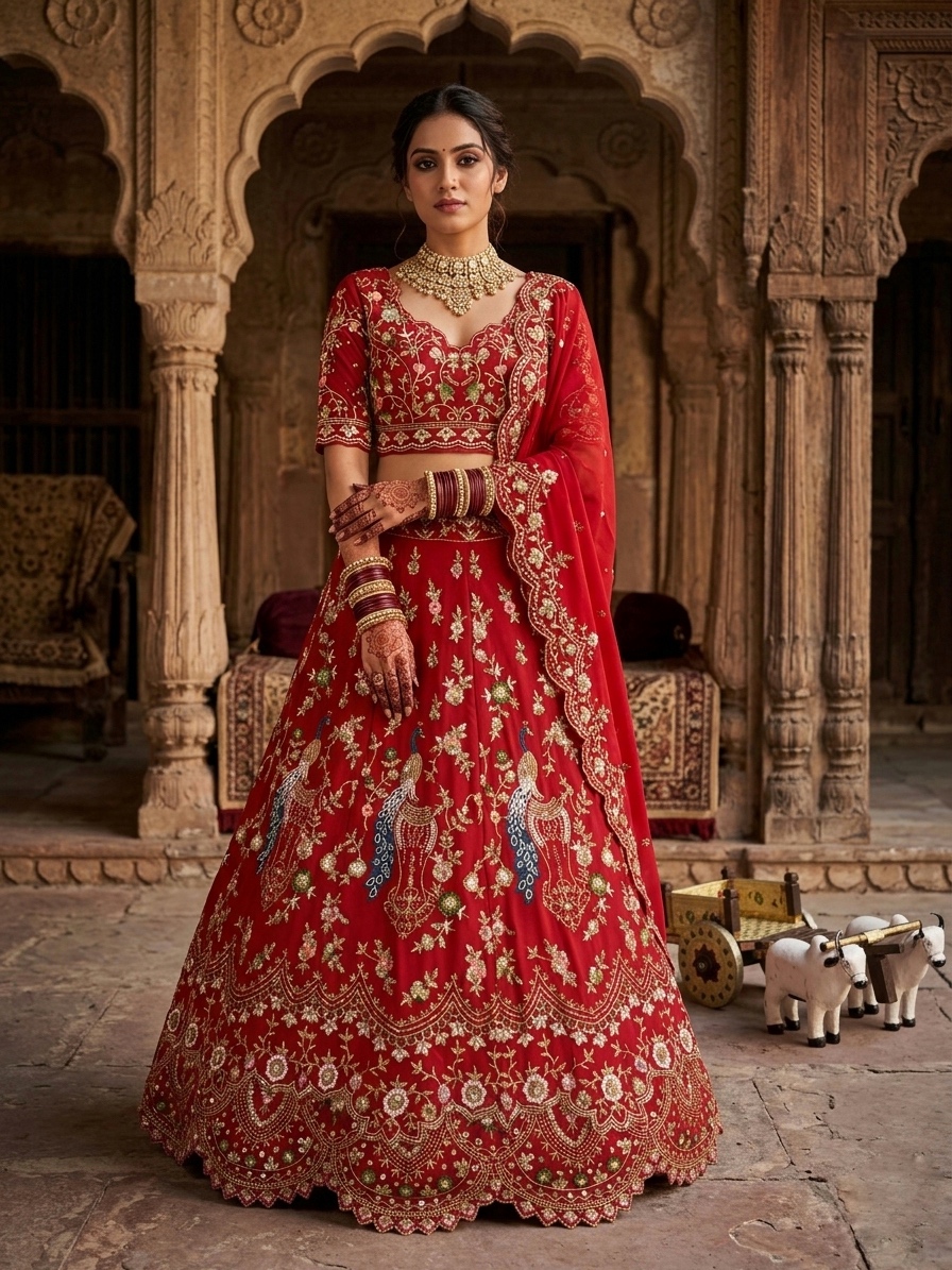 Red Sequin Embroidered Lehenga Set | Peacock Work Wedding Lehenga