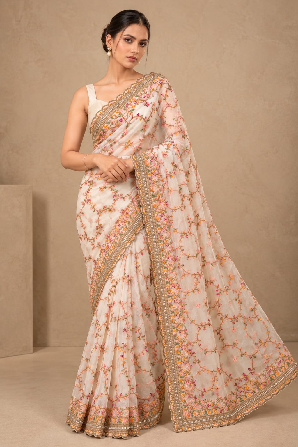 Floral Embroidered Saree with Mirror Work Border | Elegant Indian Ethnic Saree — photo 2