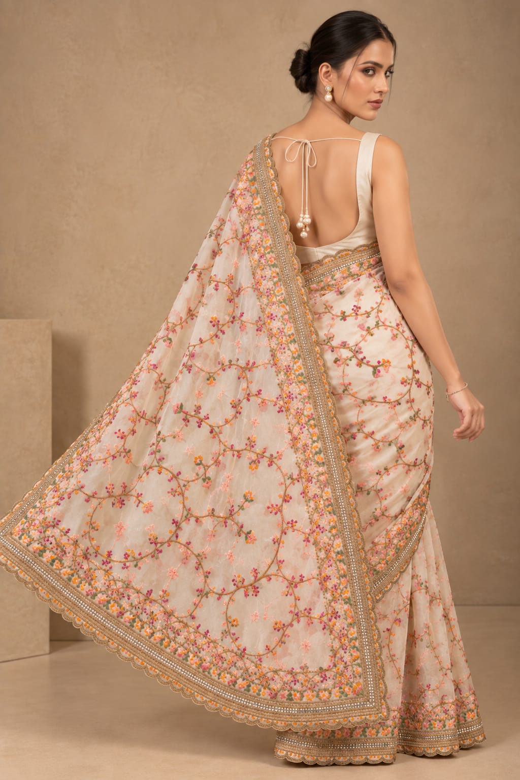 Floral Embroidered Saree with Mirror Work Border | Elegant Indian Ethnic Saree — photo 3
