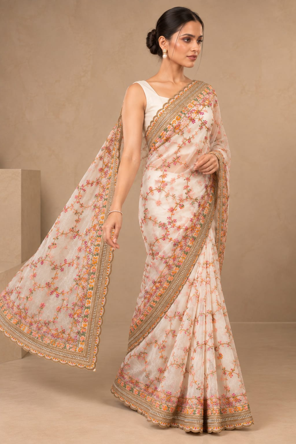 Floral Embroidered Saree with Mirror Work Border | Elegant Indian Ethnic Saree — photo 4