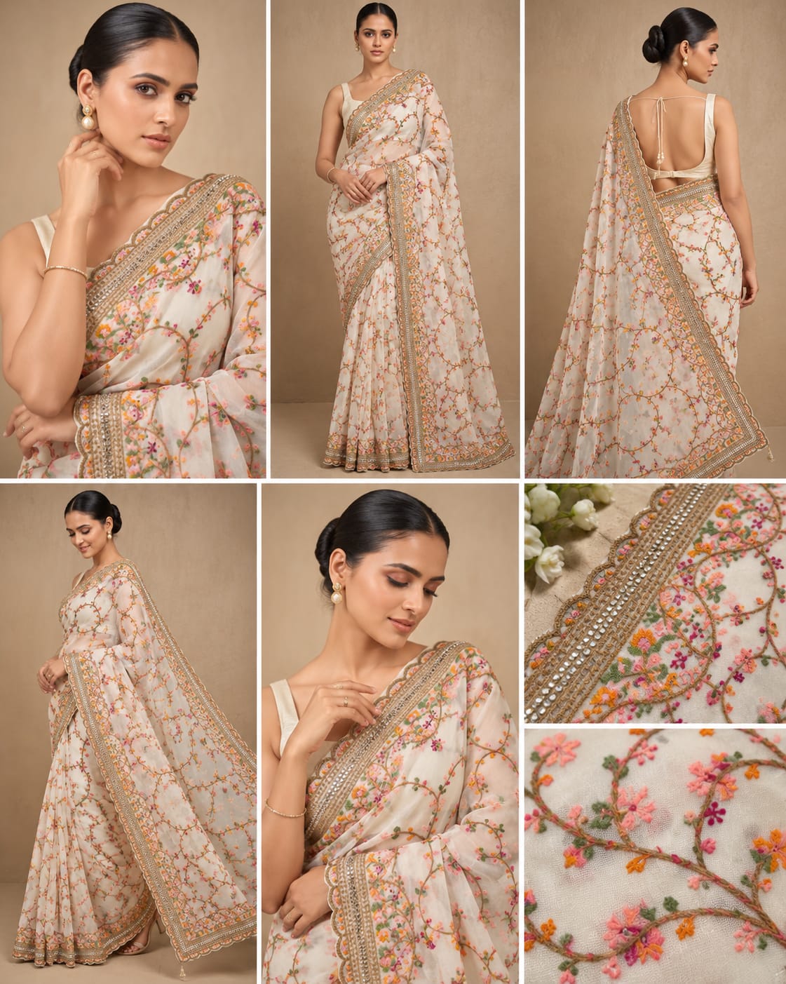 Floral Embroidered Saree with Mirror Work Border | Elegant Indian Ethnic Saree — photo 5