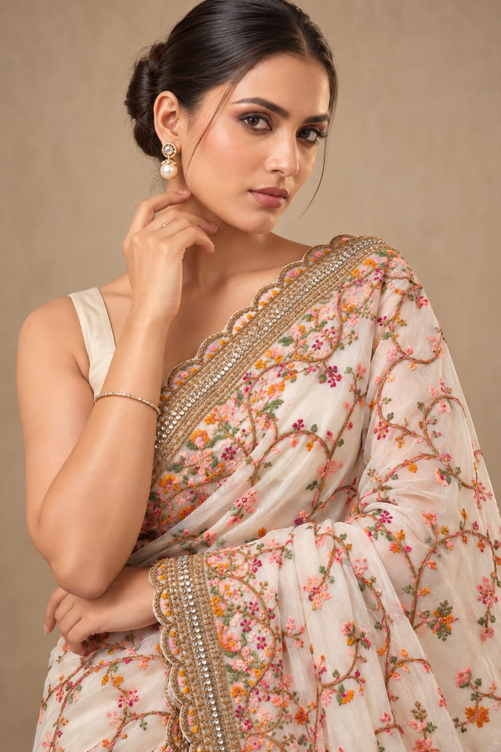 Floral Embroidered Saree with Mirror Work Border | Elegant Indian Ethnic Saree
