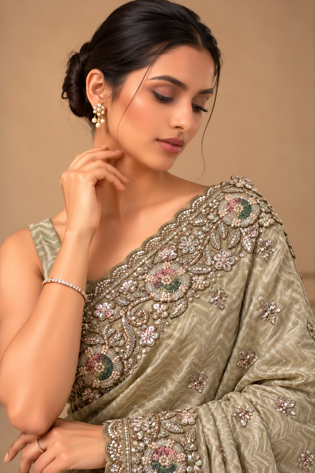 Champagne Gold Jacquard Saree with Floral Sequin Embroidery & Blouse