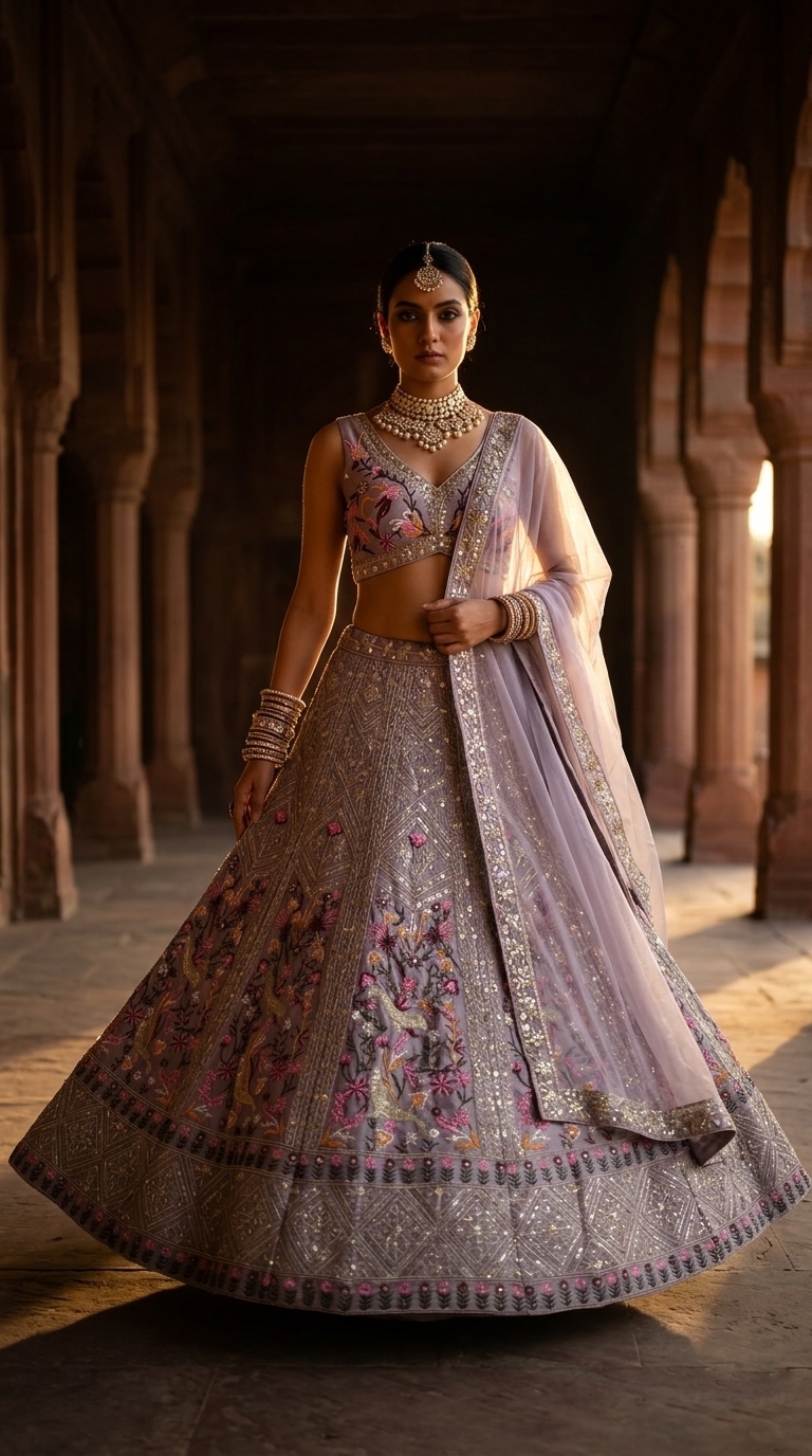Lavender Floral Embroidered Japan Satin Silk Lehenga Set — photo 2