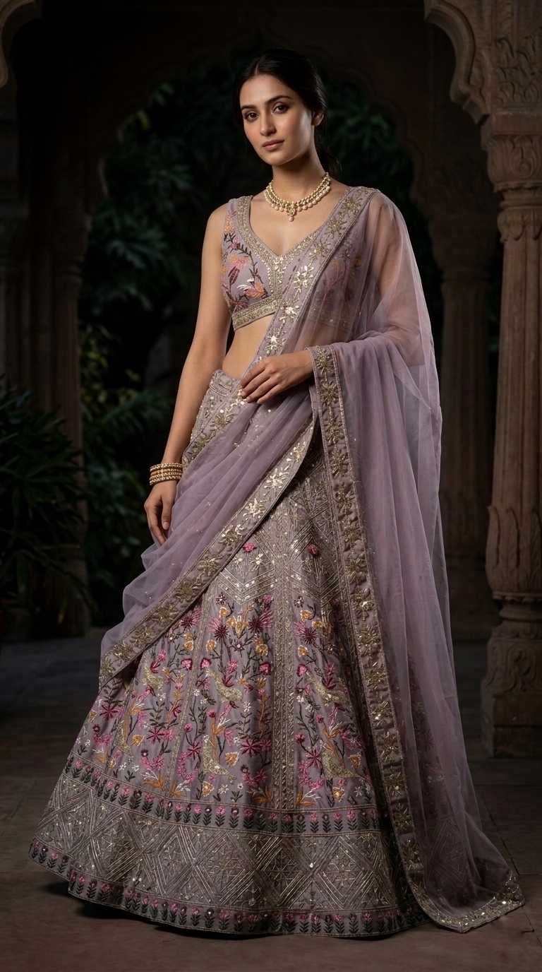 Lavender Floral Embroidered Japan Satin Silk Lehenga Set — photo 3