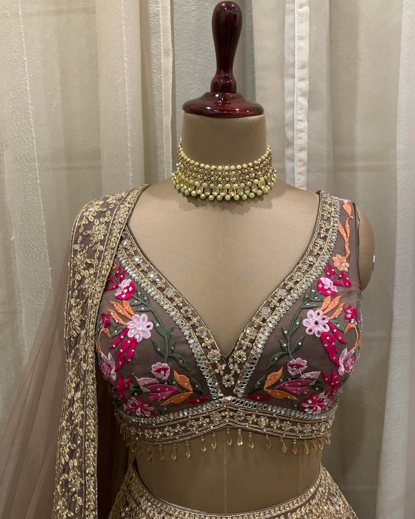 Lavender Floral Embroidered Japan Satin Silk Lehenga Set — photo 4