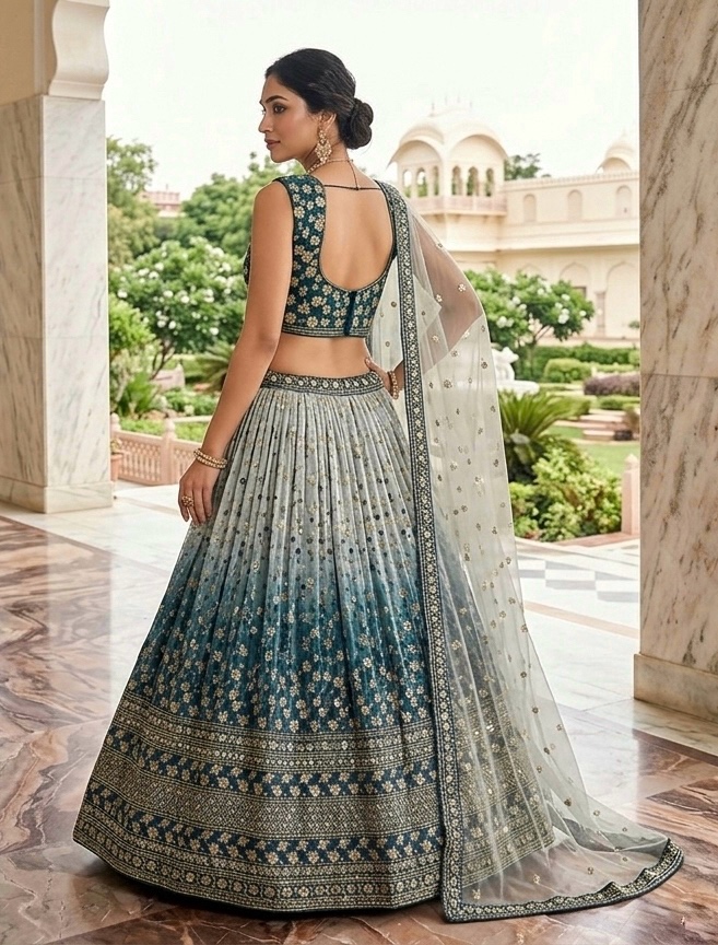 Blue Ombre Embroidered Chinon Silk Lehenga Set — photo 2