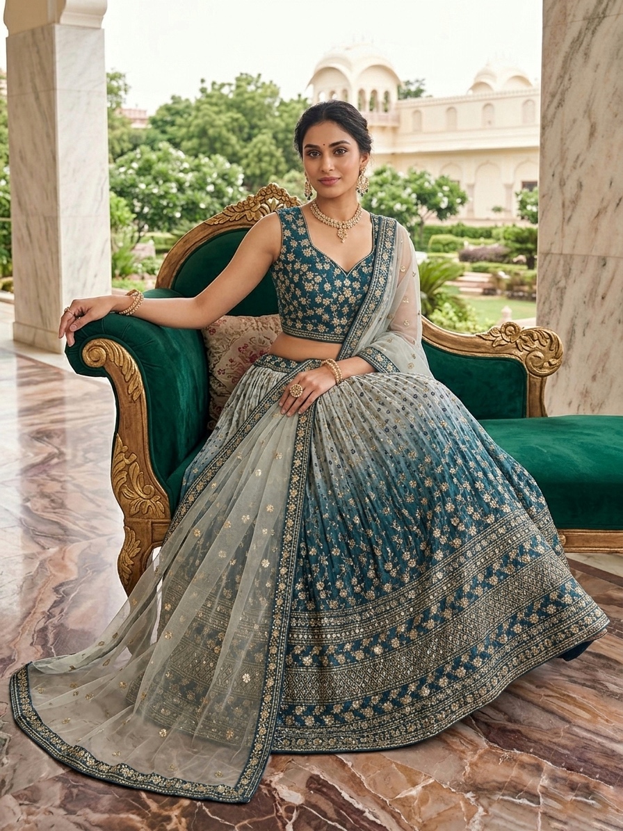 Blue Ombre Embroidered Chinon Silk Lehenga Set — photo 3