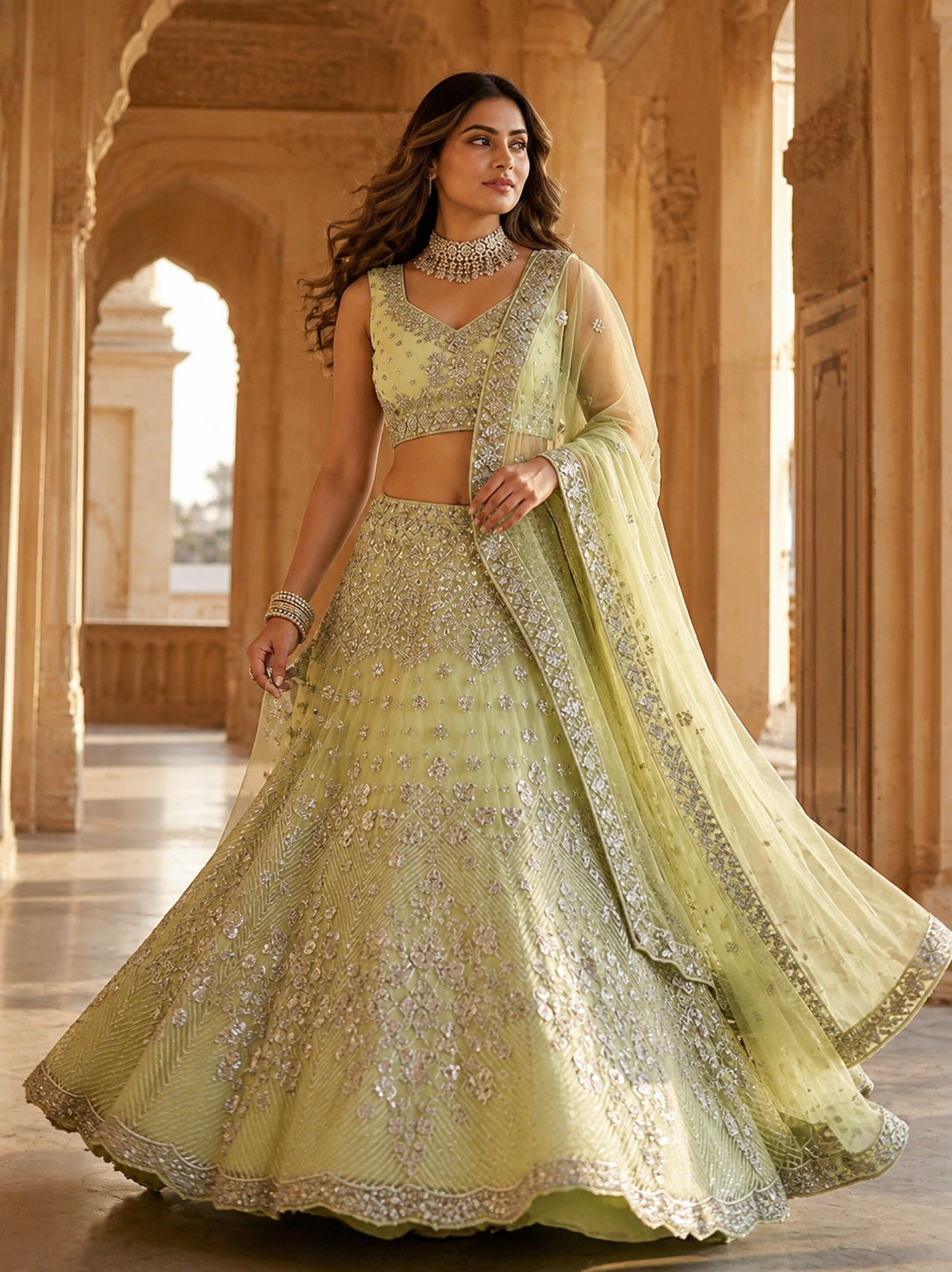 Pastel Green Foil Mirror Sequin Butterfly Net Lehenga Set — photo 2