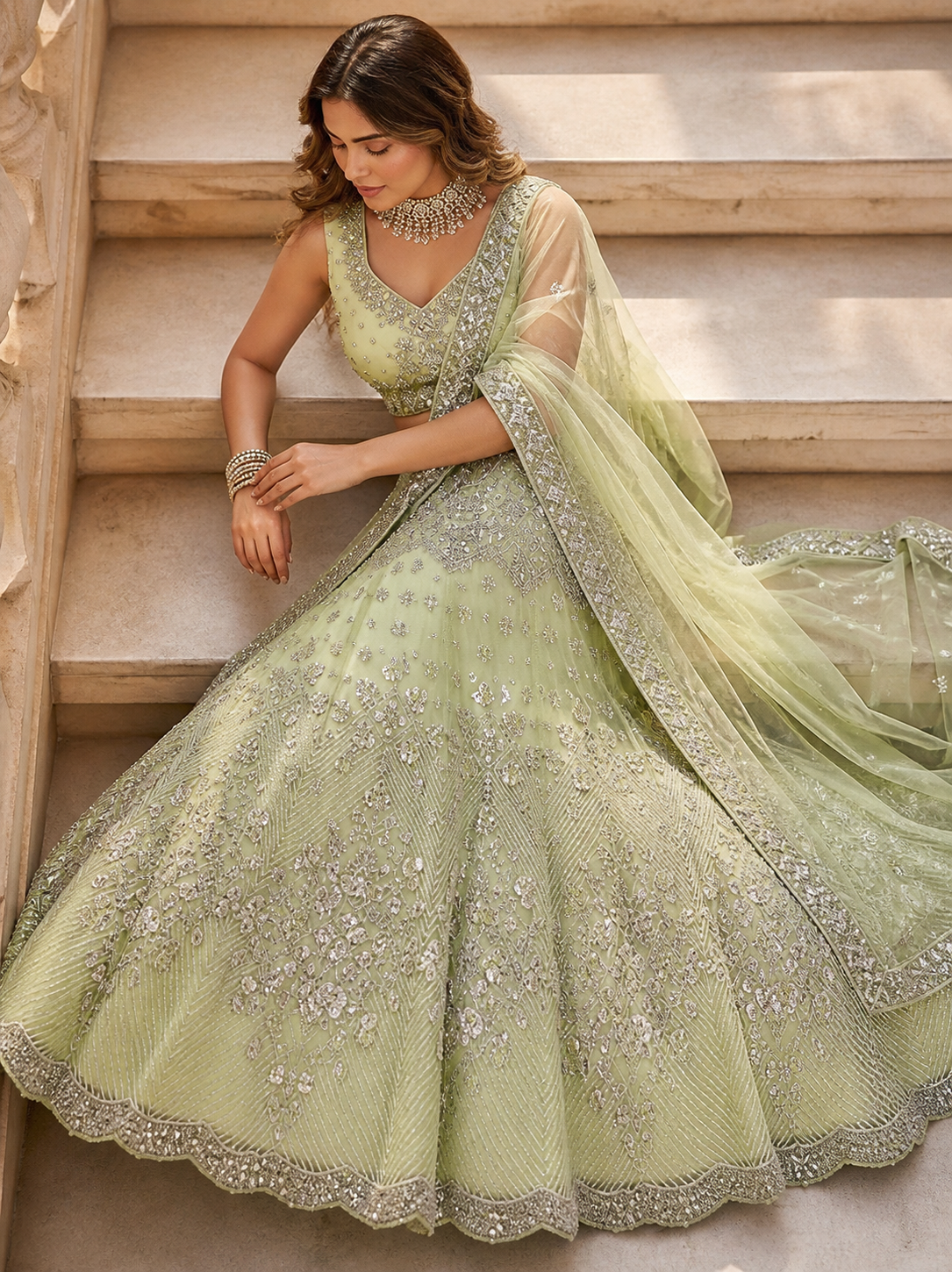 Pastel Green Foil Mirror Sequin Butterfly Net Lehenga Set — photo 4