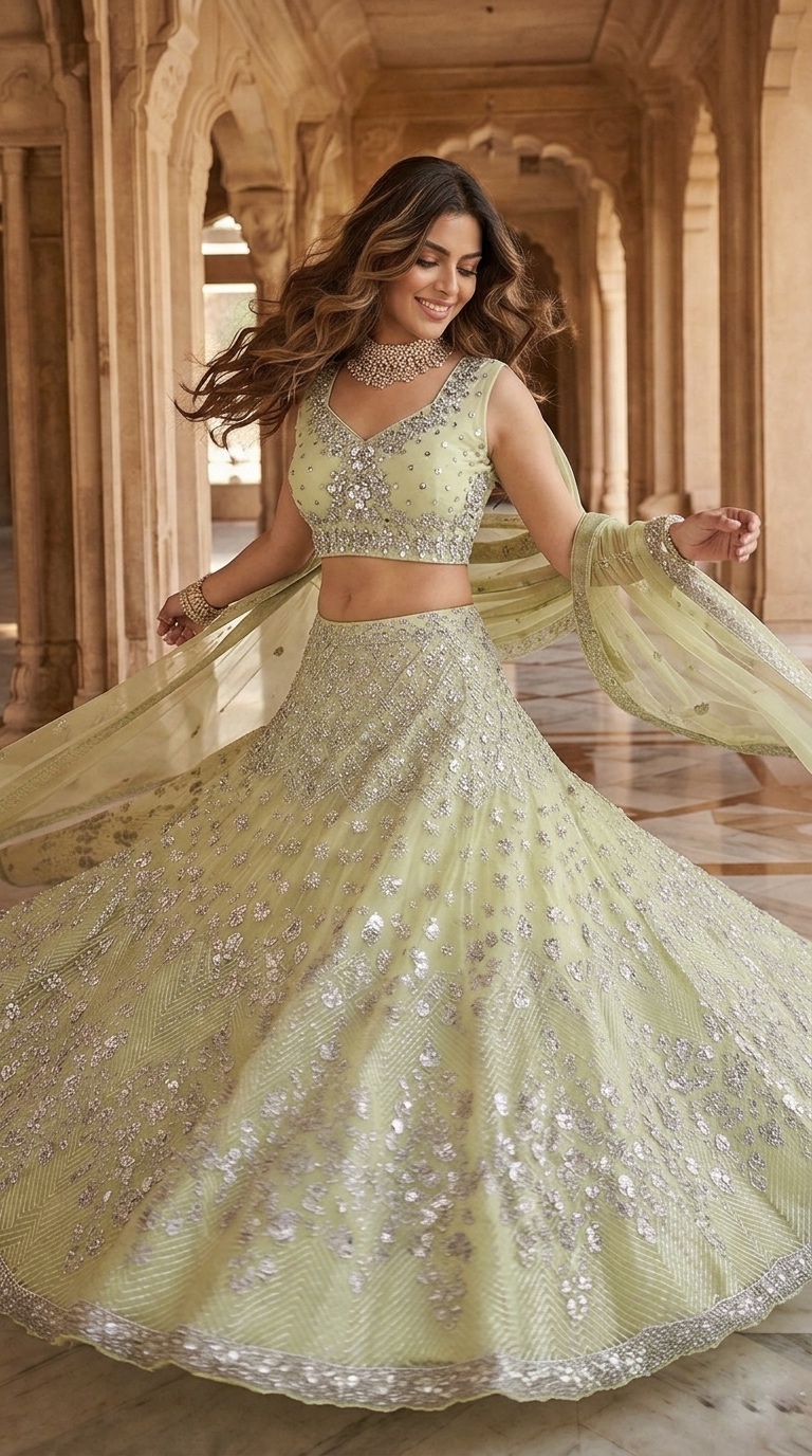 Pastel Green Foil Mirror Sequin Butterfly Net Lehenga Set — photo 6