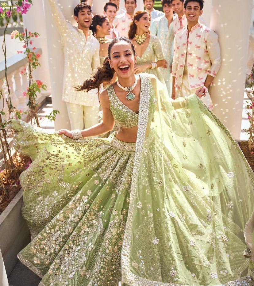 Pastel Green Foil Mirror Sequin Butterfly Net Lehenga Set — photo 8