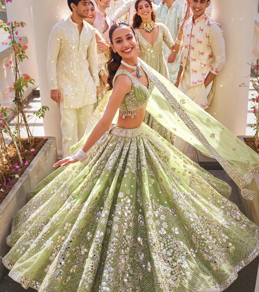 Pastel Green Foil Mirror Sequin Butterfly Net Lehenga Set — photo 9