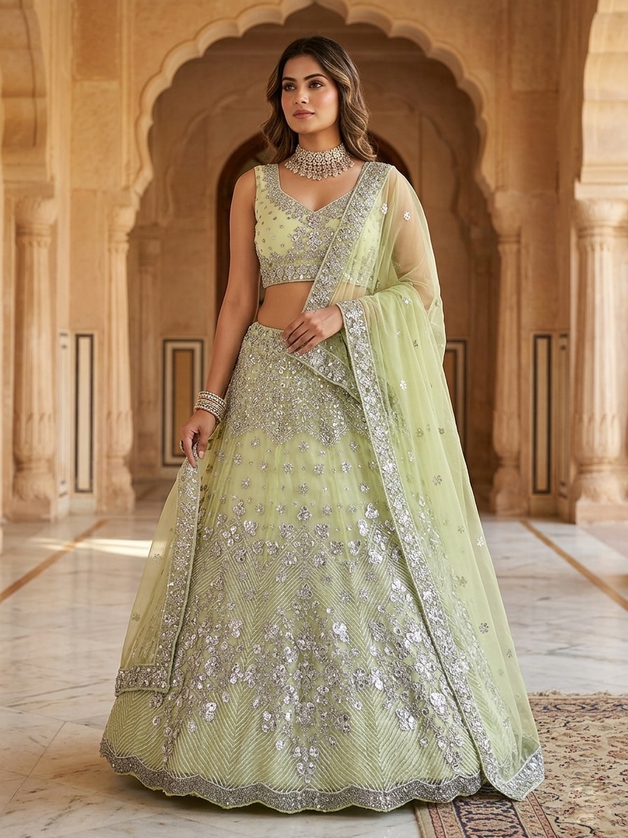 Pastel Green Foil Mirror Sequin Butterfly Net Lehenga Set