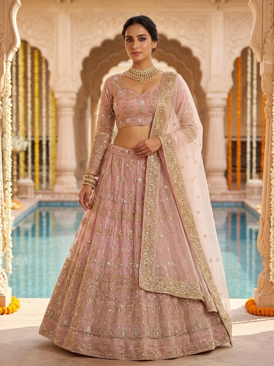 Pink Butterfly Net Sequin Embroidered Lehenga Set