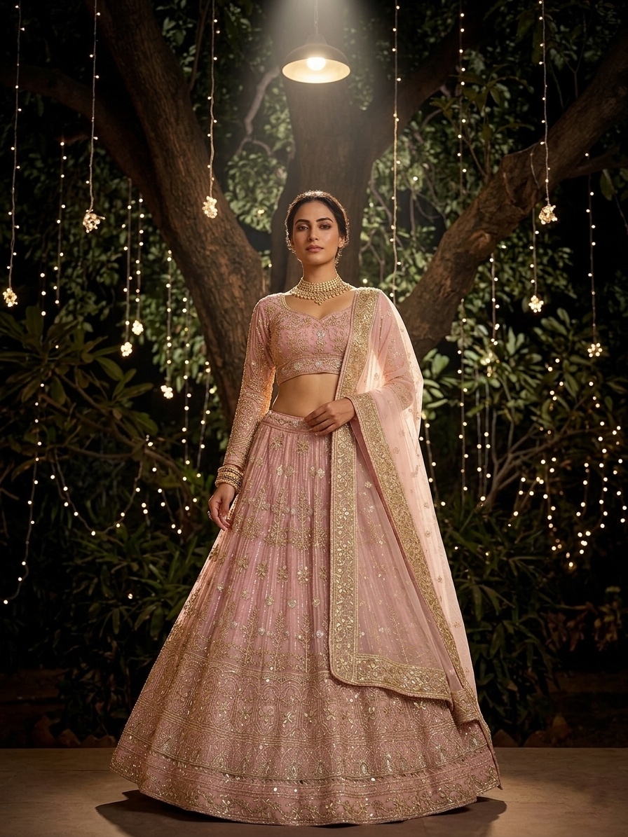 Pink Butterfly Net Sequin Embroidered Lehenga Set — photo 3