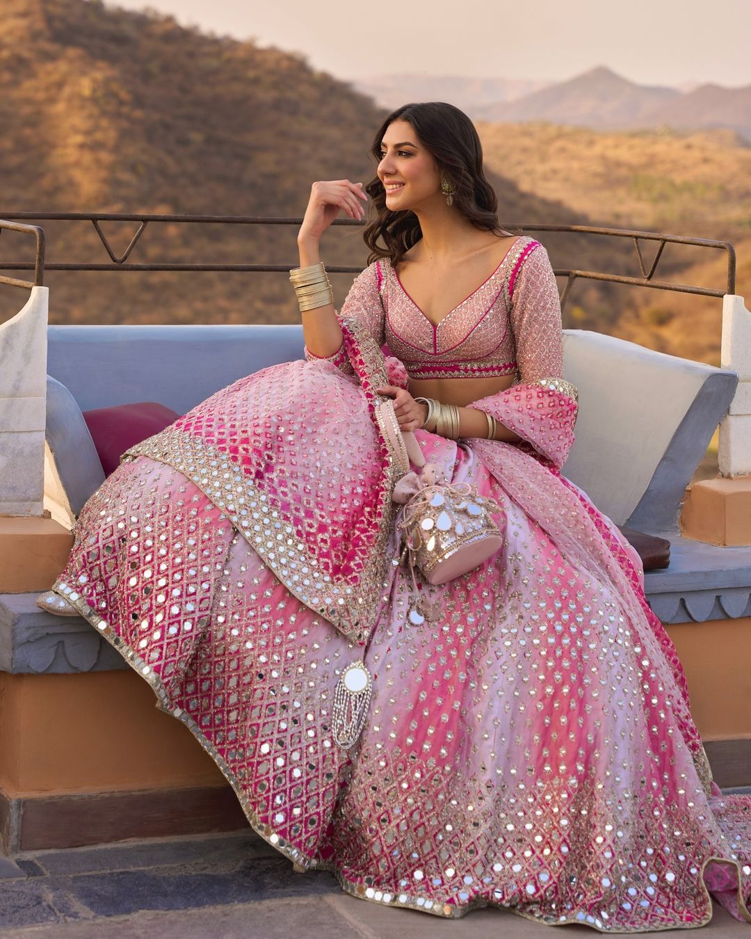 Pink Fox Georgette Real Mirror Work Lehenga Set with Dupatta