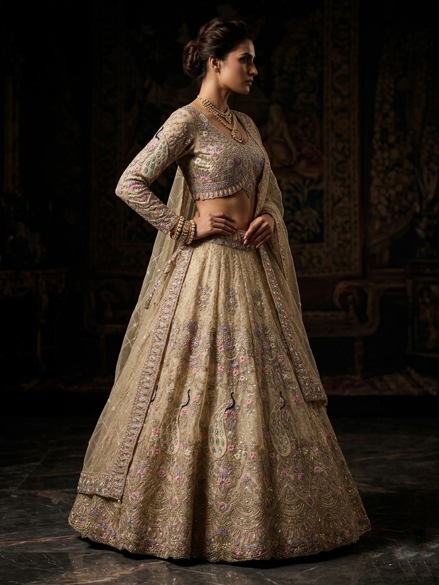 Champagne Butterfly Net Coding Sequin Embroidered Lehenga Set — photo 2