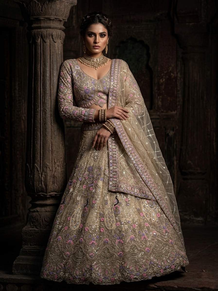 Champagne Butterfly Net Coding Sequin Embroidered Lehenga Set — photo 3