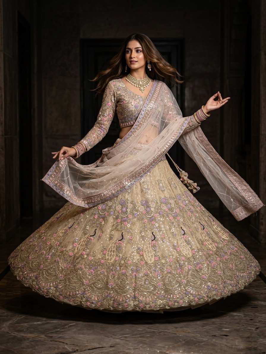 Champagne Butterfly Net Coding Sequin Embroidered Lehenga Set — photo 4