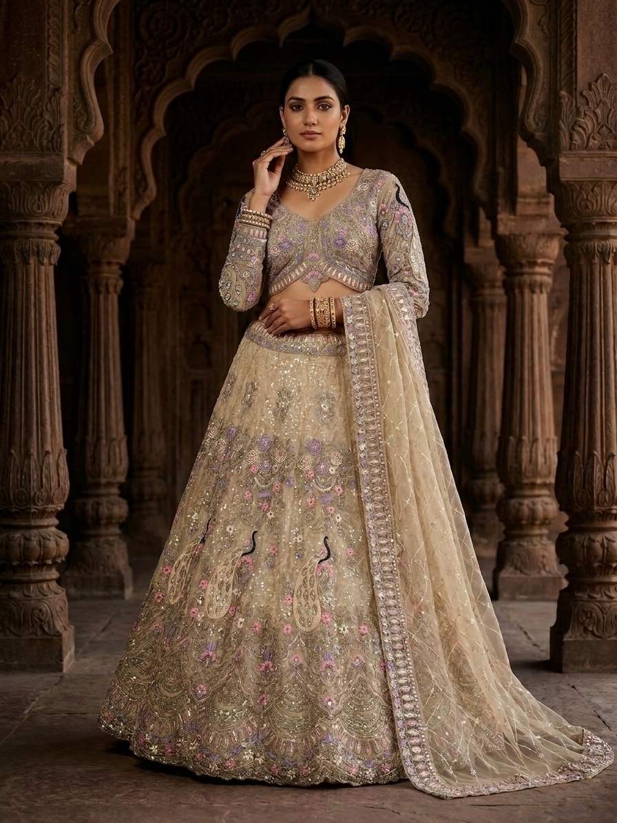 Champagne Butterfly Net Coding Sequin Embroidered Lehenga Set