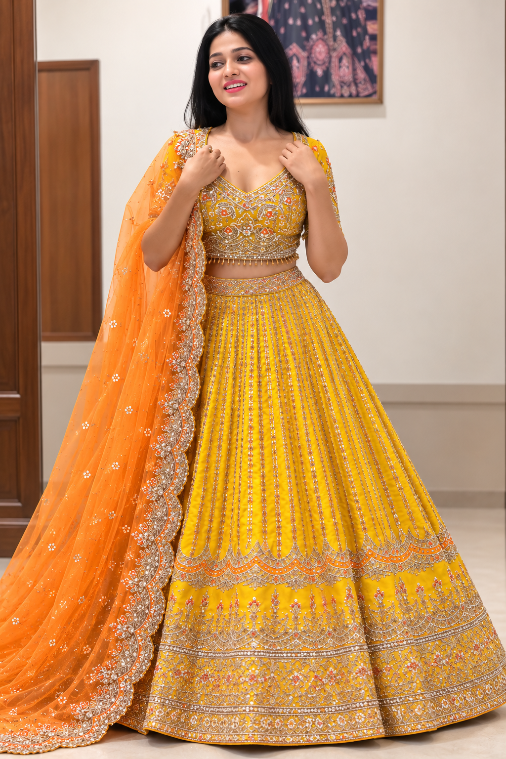 Yellow Fox Georgette Sequin Embroidered Lehenga Set with Dupatta