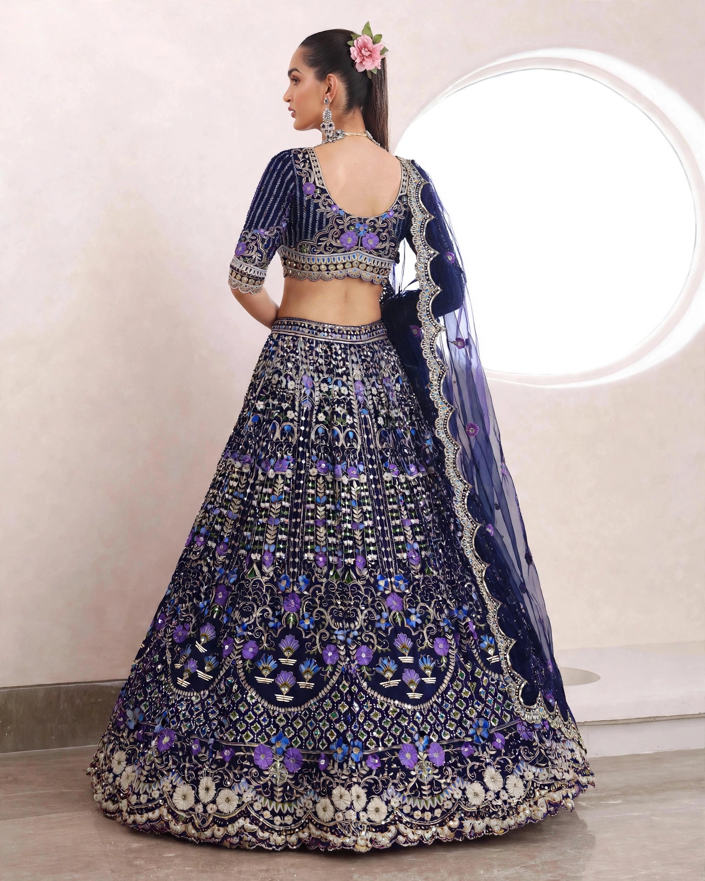 Blue Mono Satin Silk Sequin Cut Work Lehenga Set with Dupatta — photo 2