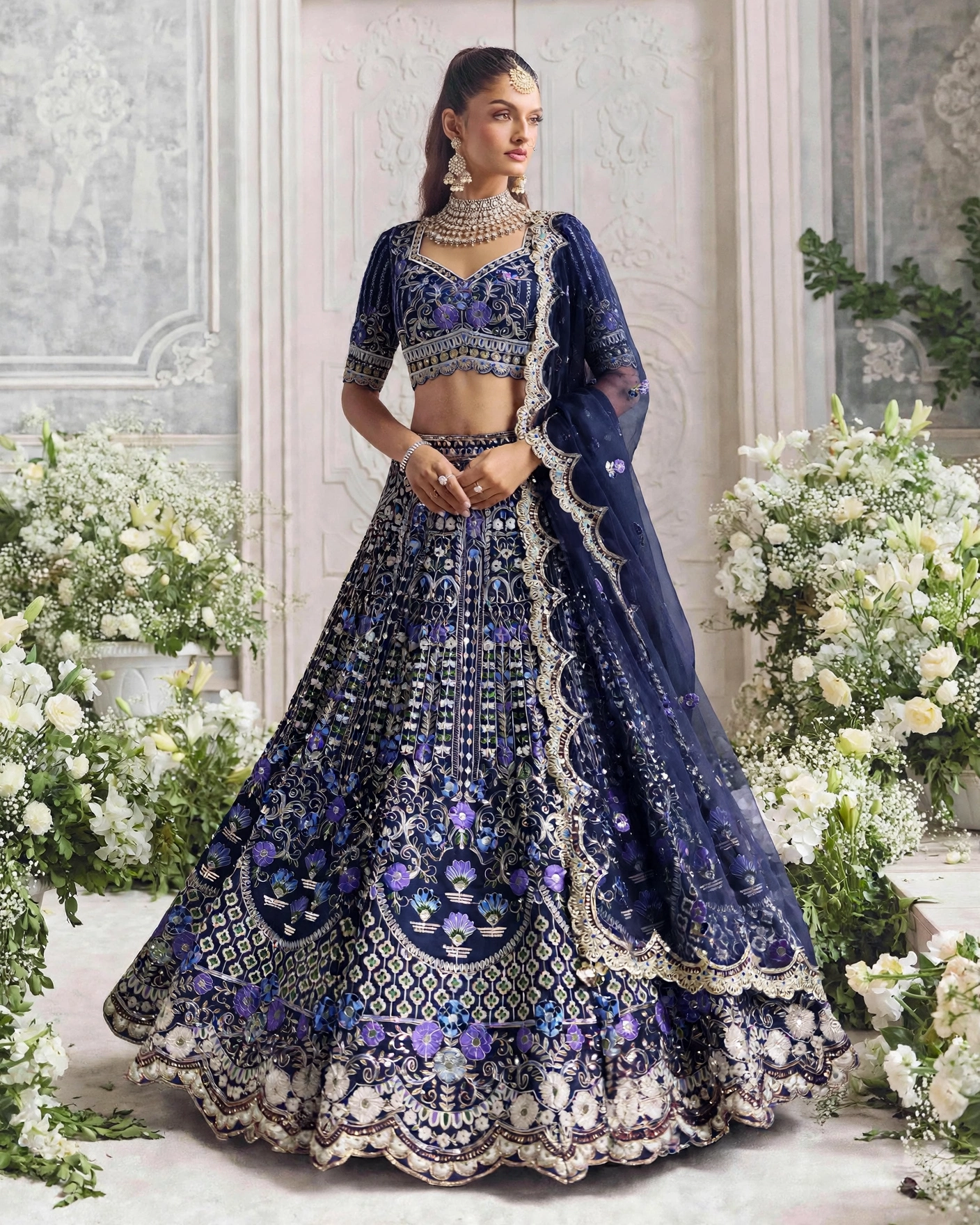 Blue Mono Satin Silk Sequin Cut Work Lehenga Set with Dupatta — photo 3