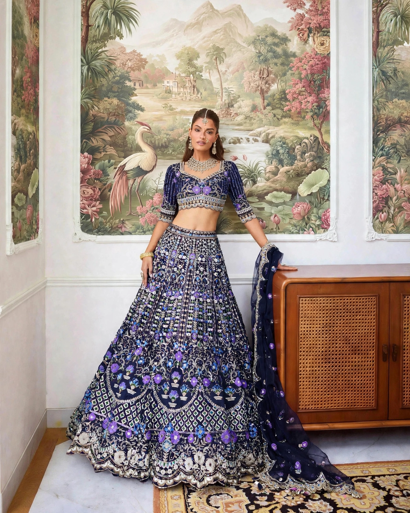 Blue Mono Satin Silk Sequin Cut Work Lehenga Set with Dupatta — photo 4