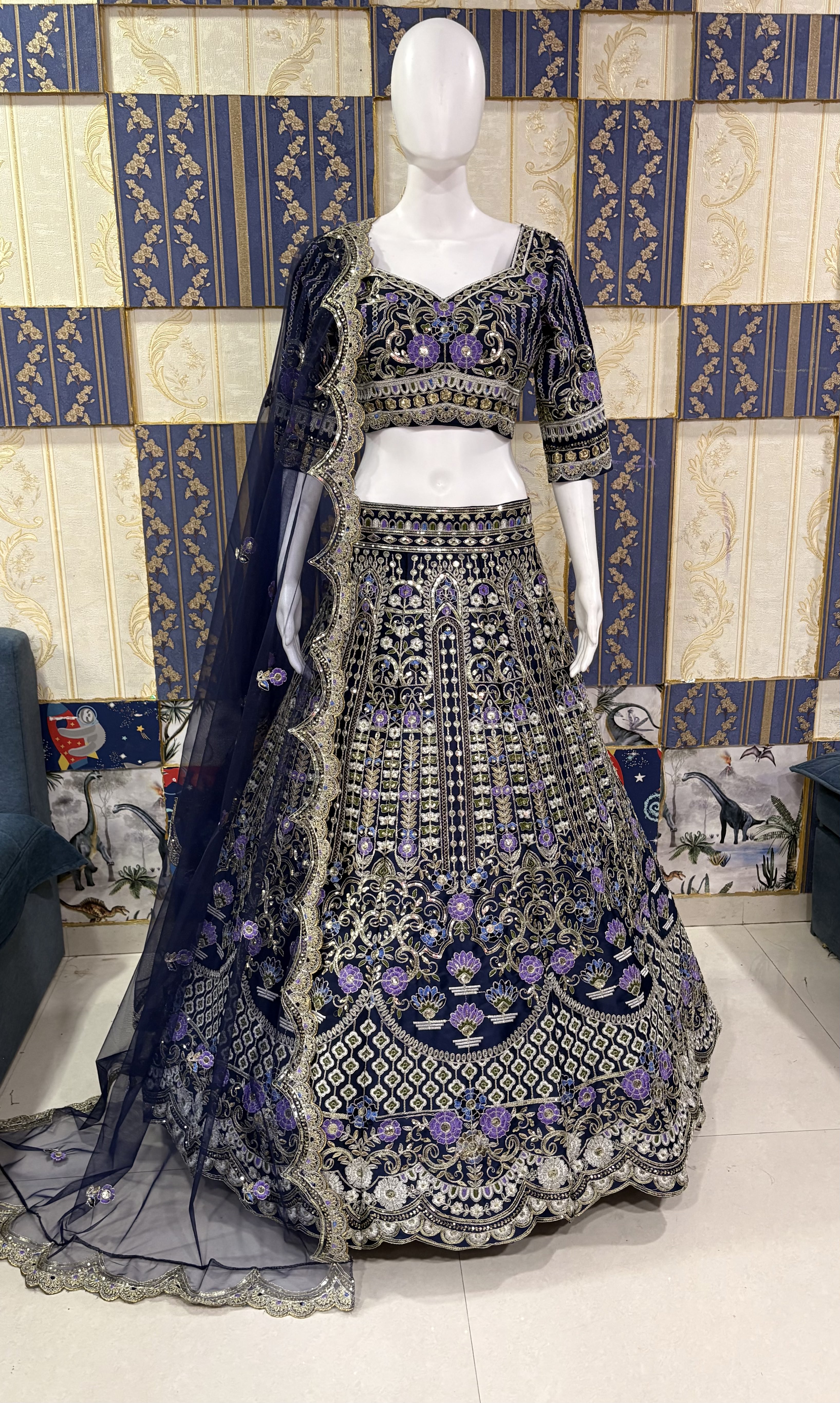 Blue Mono Satin Silk Sequin Cut Work Lehenga Set with Dupatta — photo 6
