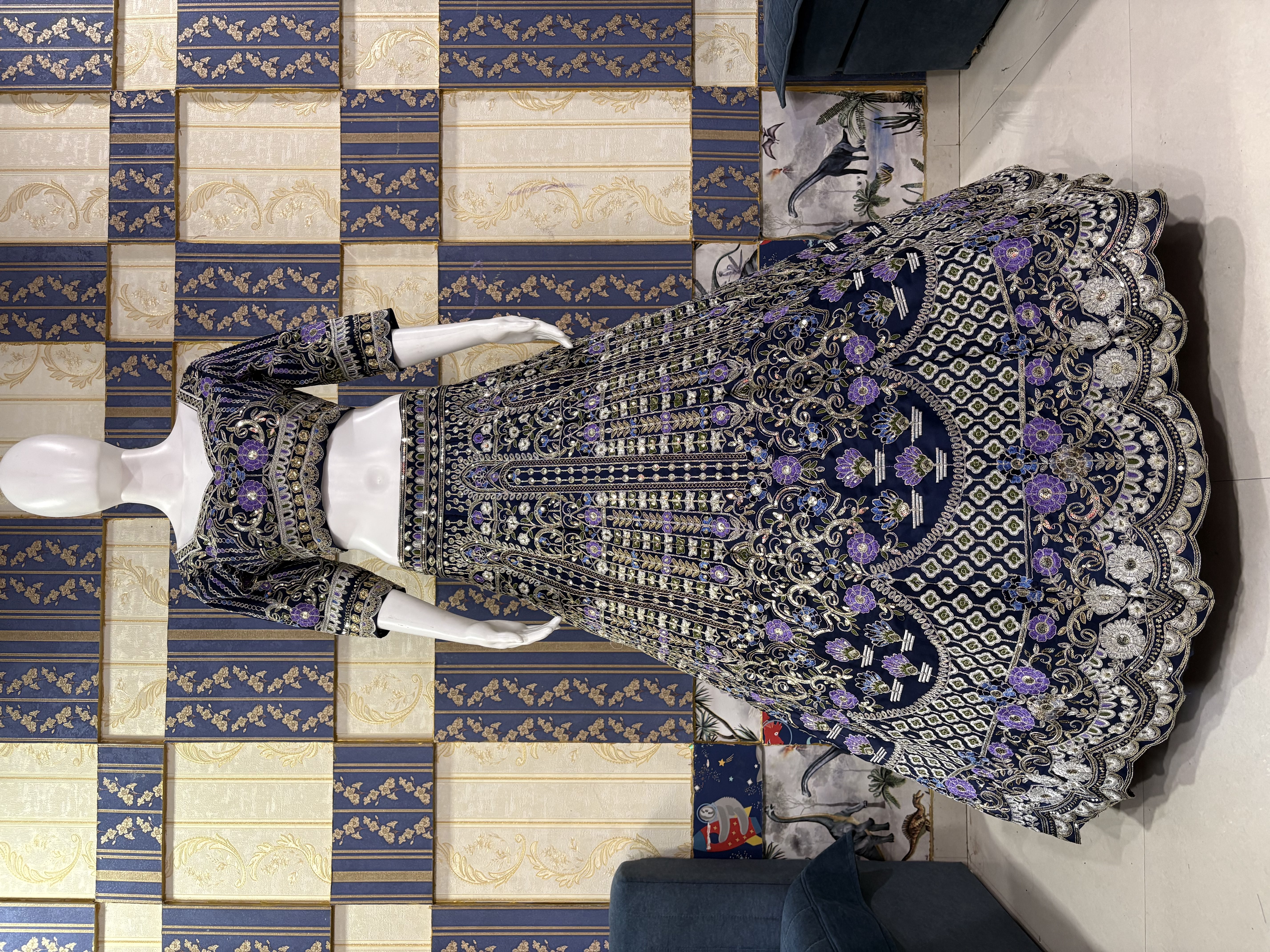 Blue Mono Satin Silk Sequin Cut Work Lehenga Set with Dupatta — photo 7
