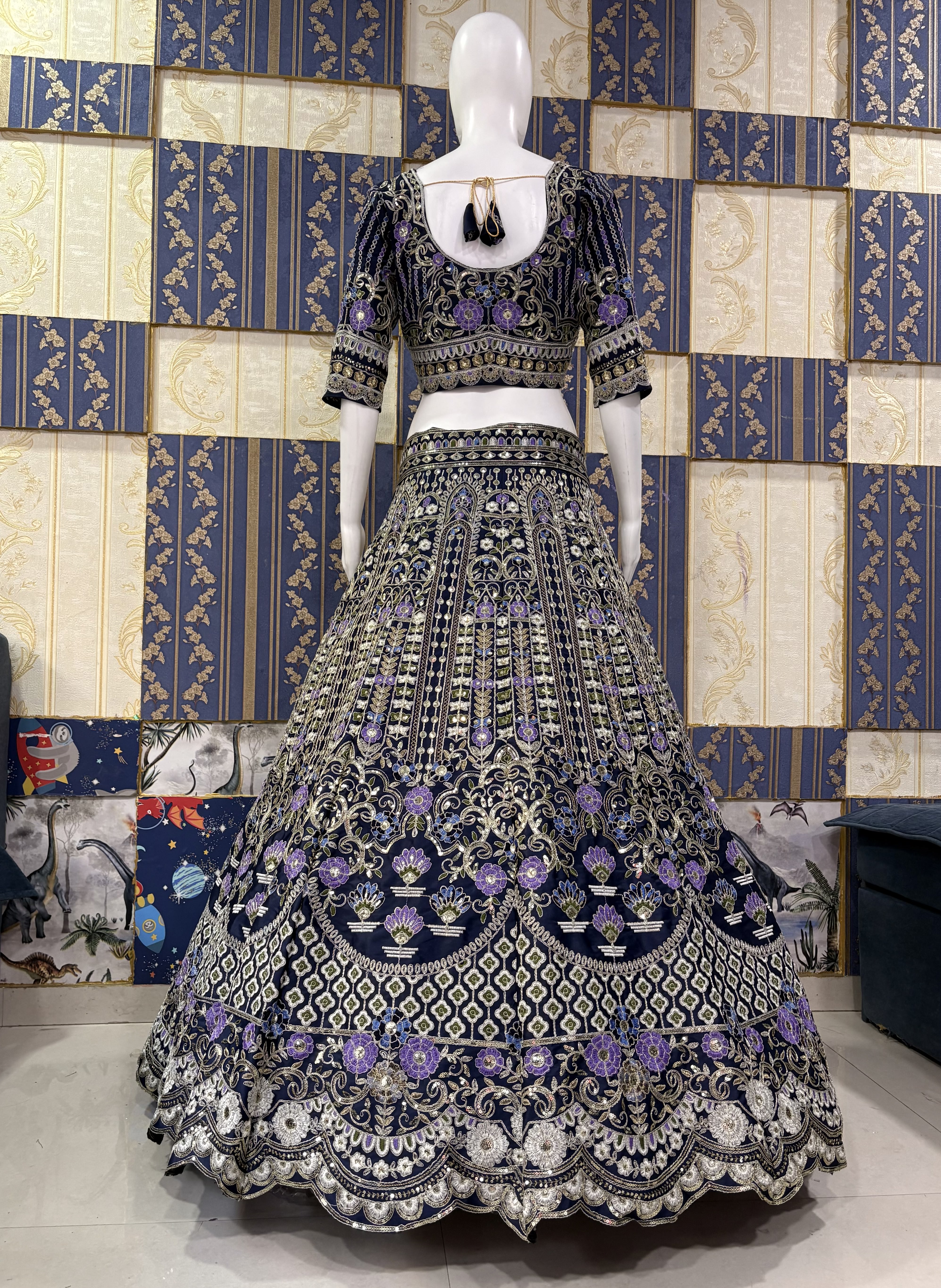 Blue Mono Satin Silk Sequin Cut Work Lehenga Set with Dupatta — photo 8