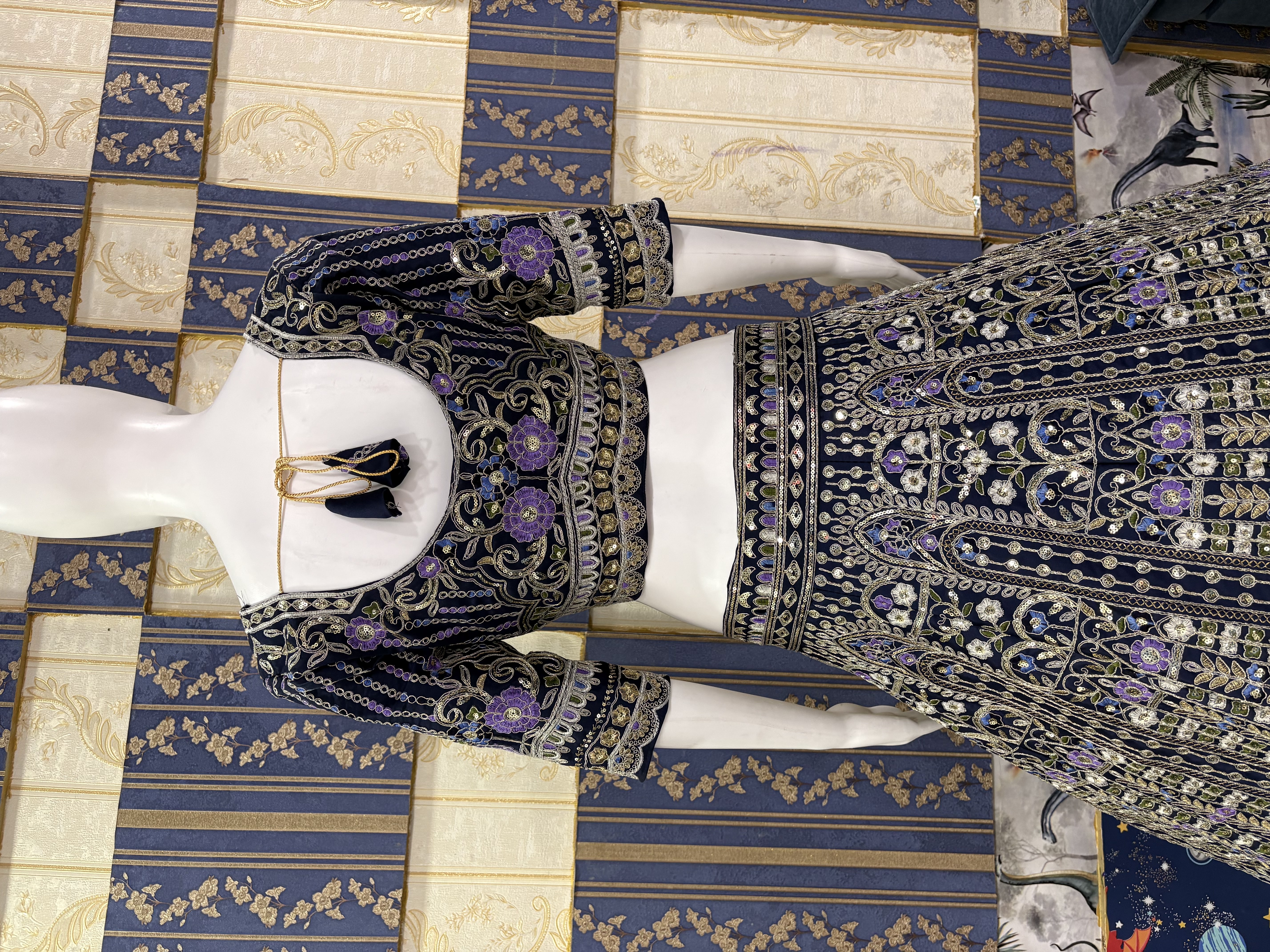 Blue Mono Satin Silk Sequin Cut Work Lehenga Set with Dupatta — photo 9