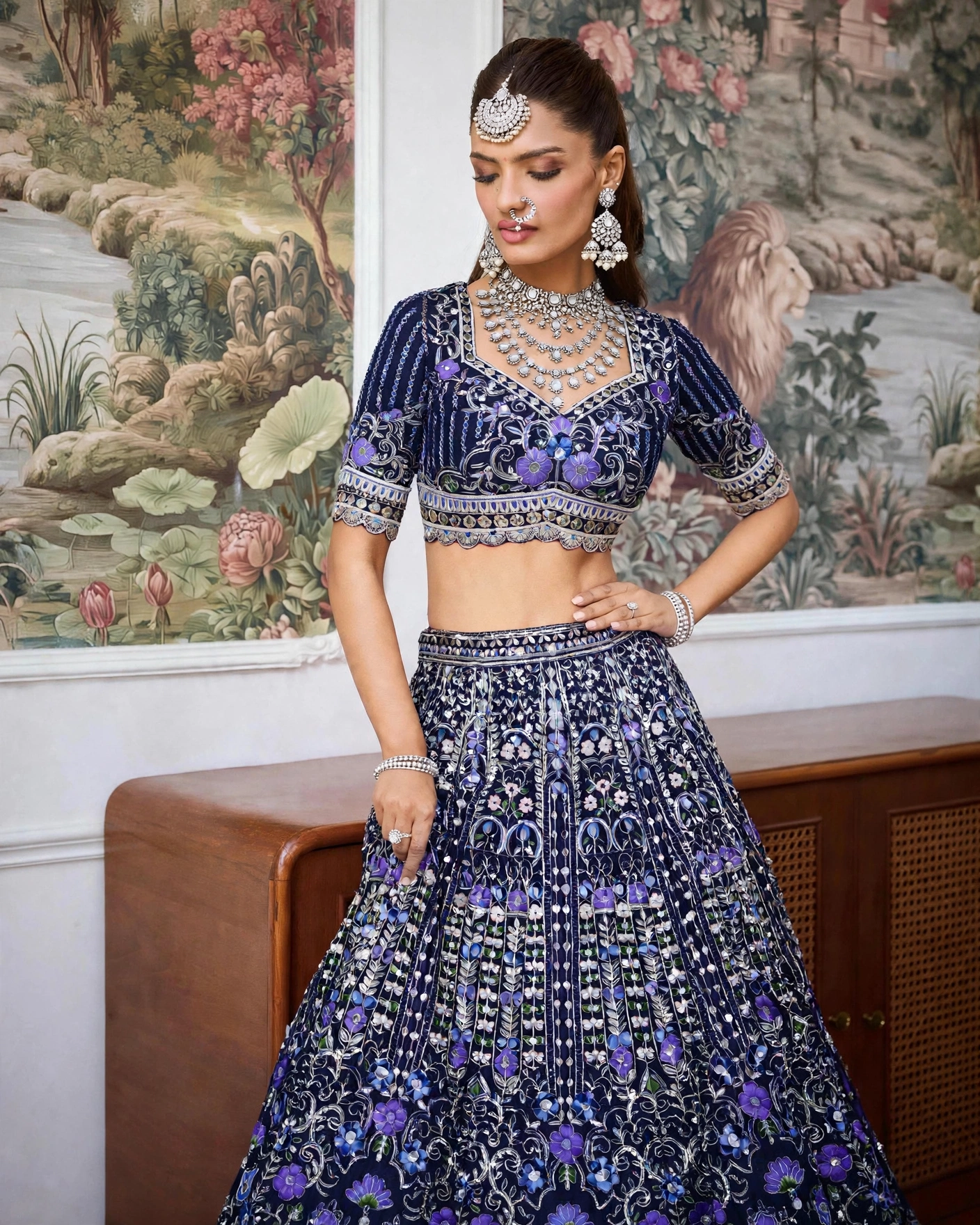 Blue Mono Satin Silk Sequin Cut Work Lehenga Set with Dupatta