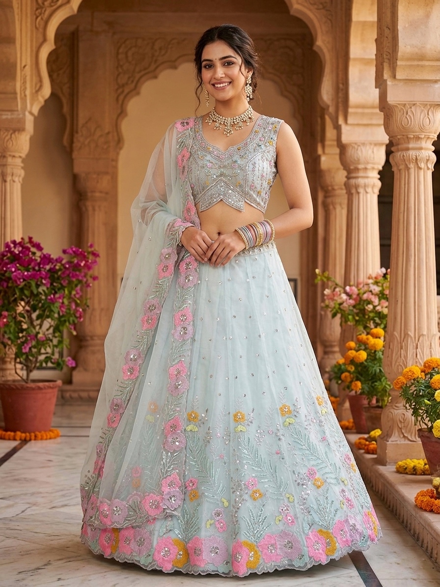 Ice Blue Organza Silk Sequin Embroidered Lehenga Set with Dupatta — photo 2