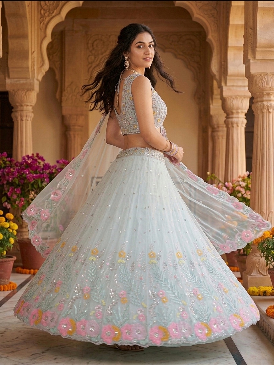 Ice Blue Organza Silk Sequin Embroidered Lehenga Set with Dupatta — photo 3