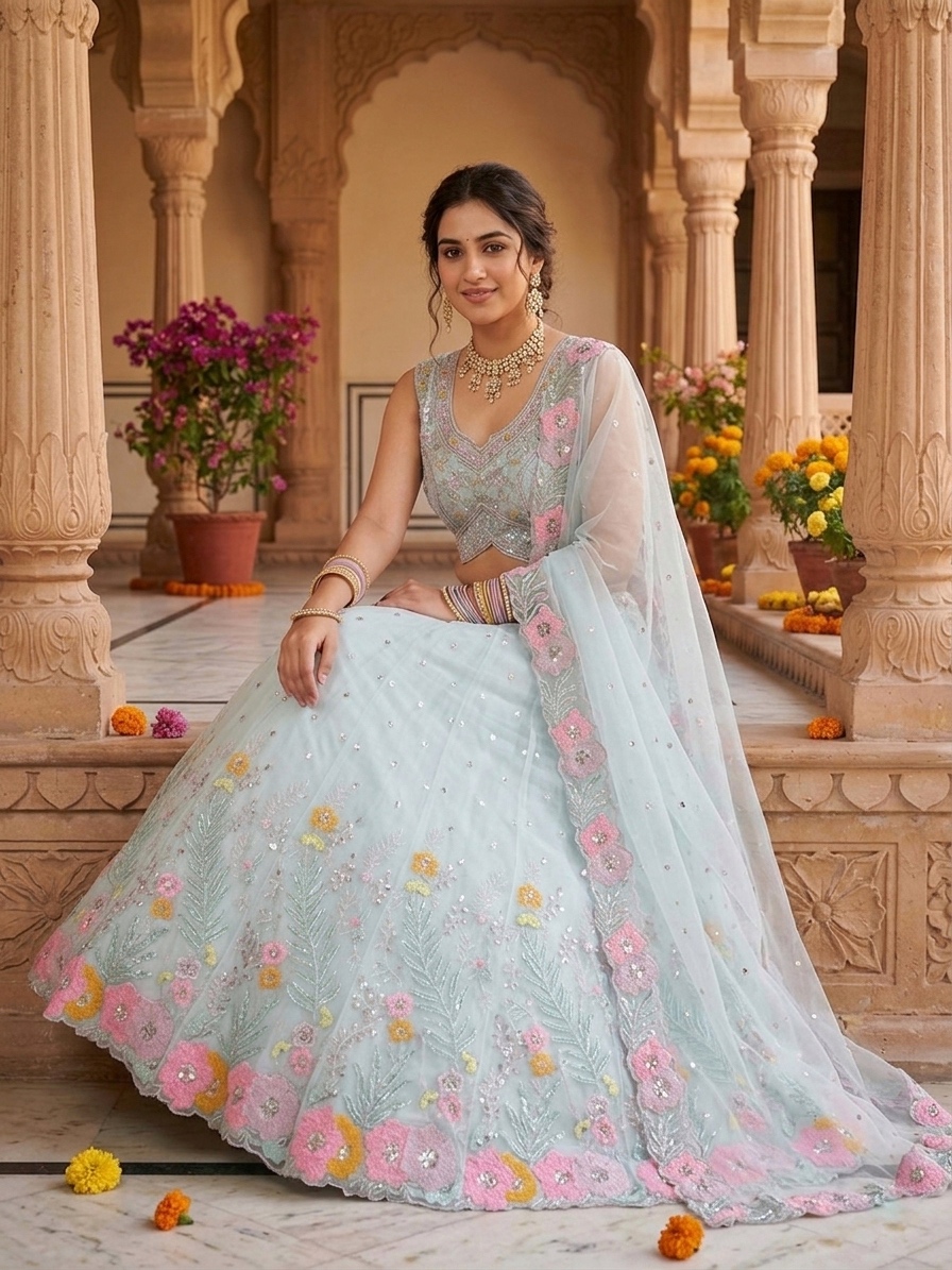 Ice Blue Organza Silk Sequin Embroidered Lehenga Set with Dupatta — photo 4